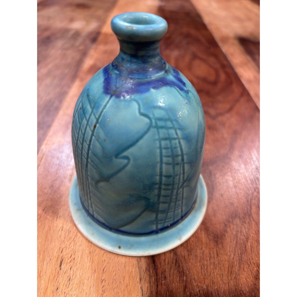 Pottery bud vase small turquoise blue etched studio pottery bell shape